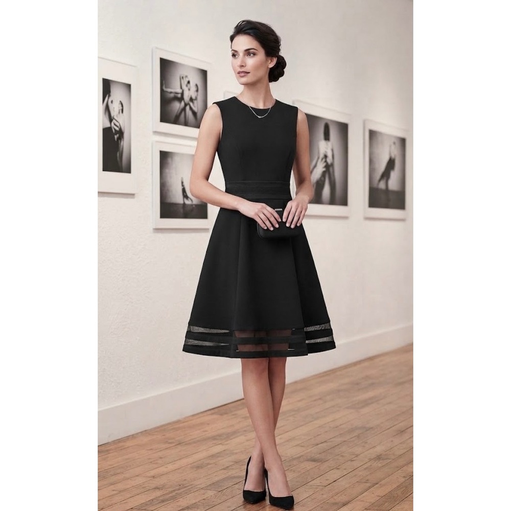 Calvin Klein Black Sleeveless Fit and Flare Dress with Mesh Hem Detail Size 2